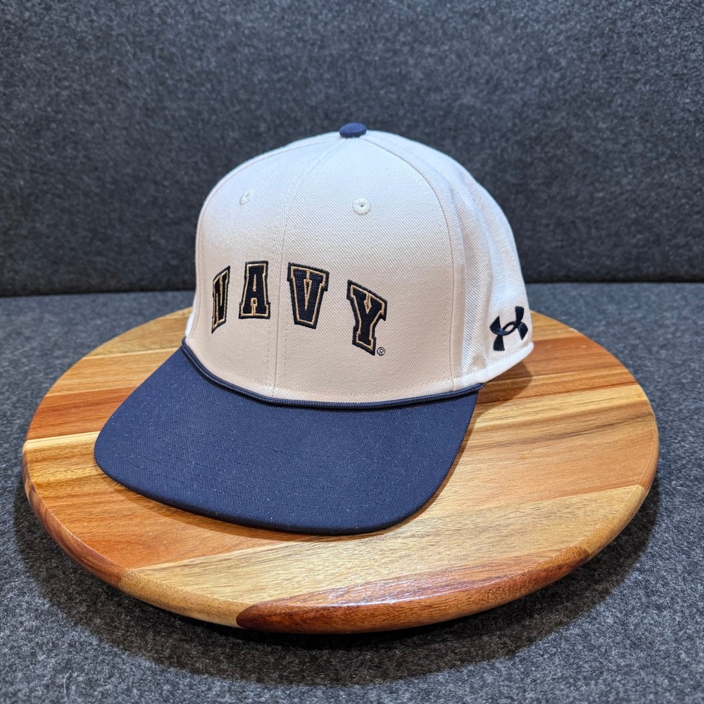 Under Armour Navy Midshipmen Hat Mens Large White Blue Flat Brim Fitted Cap‎